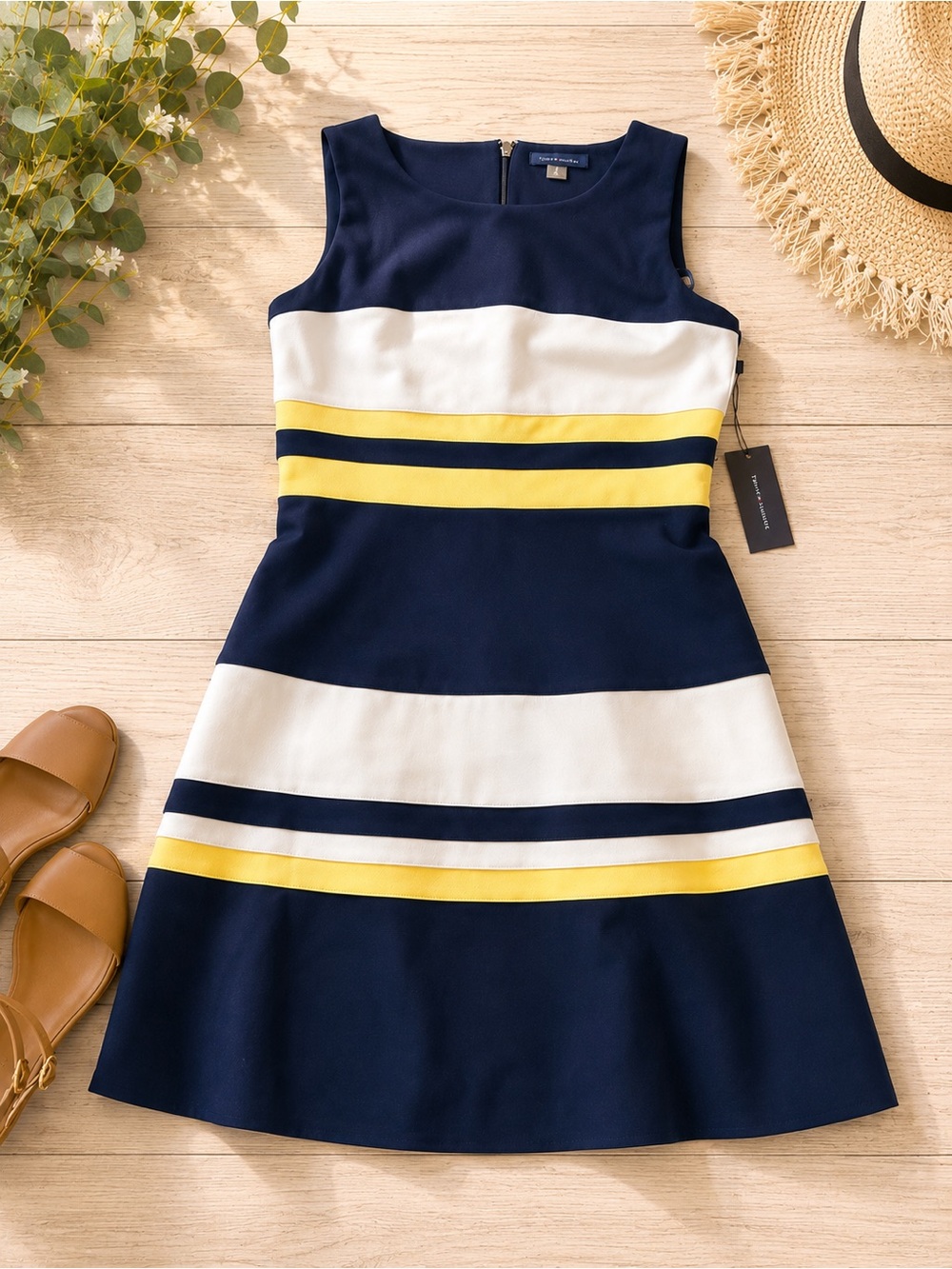 Tommy Hilfiger Navy, White & Yellow Striped Midi Dress